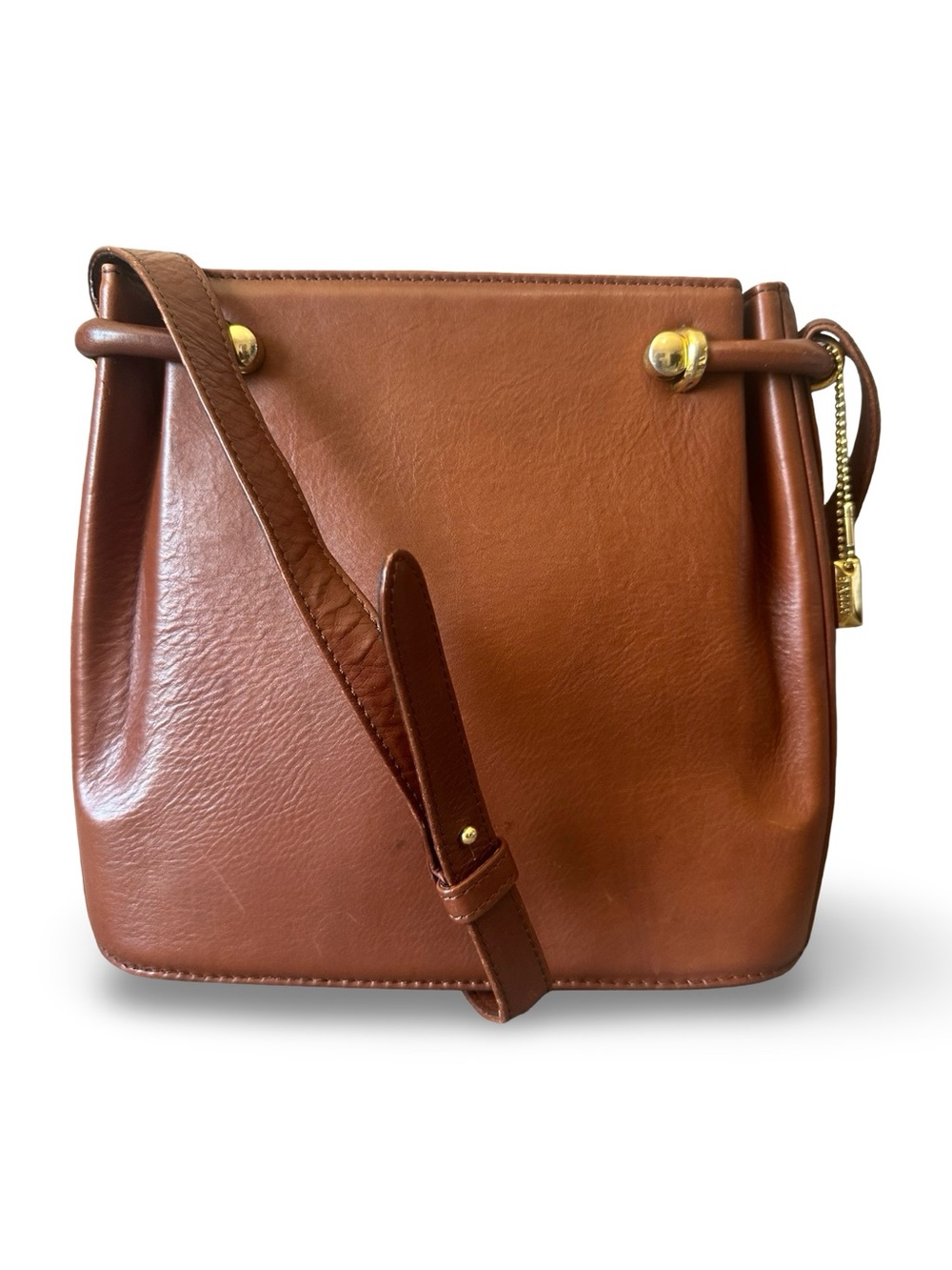 Bally Italy Cognac Brown Leather Crossbody Bucket Bag Purse